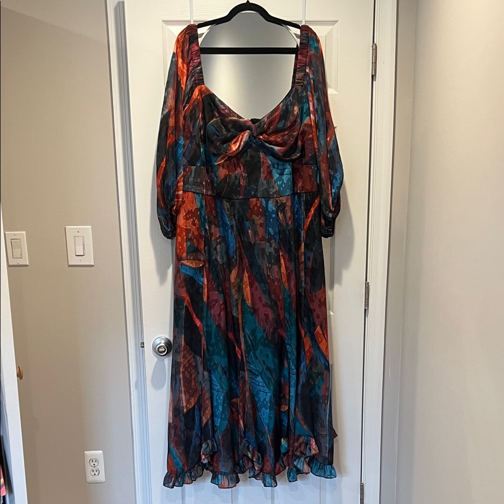 Hutch Twist-Front Puff Sleeve Ruffle Hem Multicolor Midi Dress by Anthropologie - Picture 7 of 8